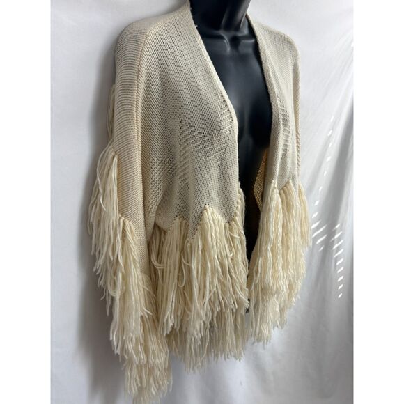 Blue B Collection Cream Beige Cardigan Chunky Knit Sweater Size S Fringe Boho - Picture 3 of 9